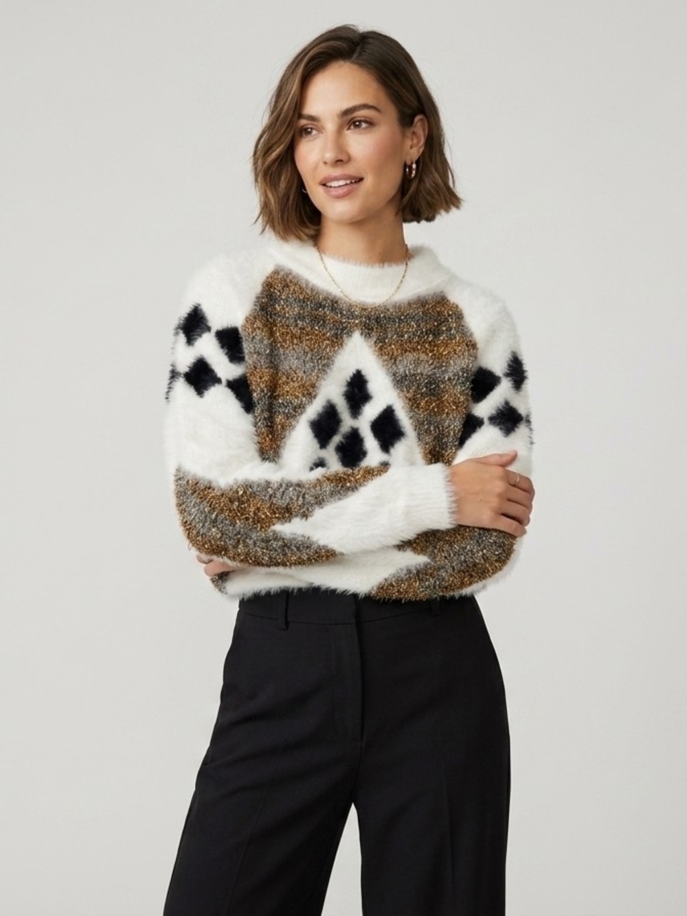 Textured Geometric Crewneck Sweater in White, Black & Gold